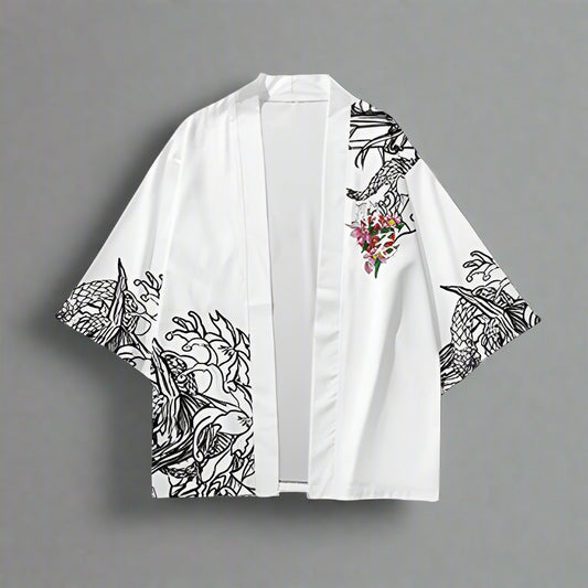 Elegantly White Oni Kimono - japanese kimono - Elegant White Oni Kimono with Mythical Print - Main view