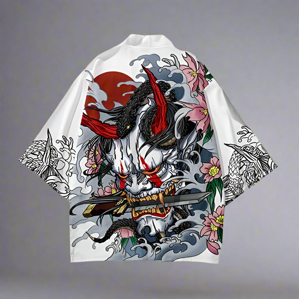 Elegantly White Oni Kimono - oni kimono - Elegant White Oni Kimono with Mythical Print - View 2