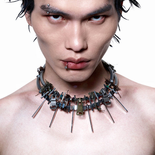 Fifth Element Spike Pendant - contemporary style necklace - Futuristic Spike Pendant Necklace with Double Layer Chains - Main view