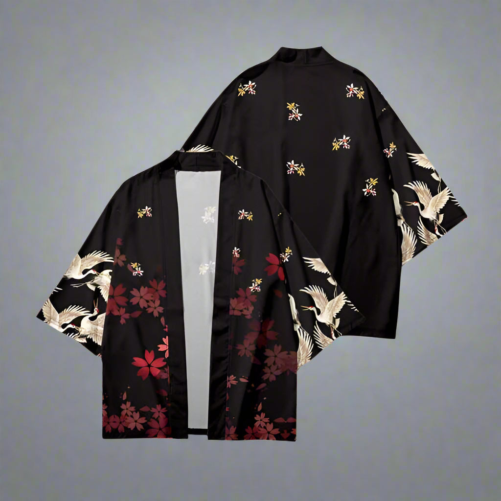 Floral Crane Kimono -  3/4 sleeves - Floral Crane Kimono for Effortless Style and Comfort - View 3