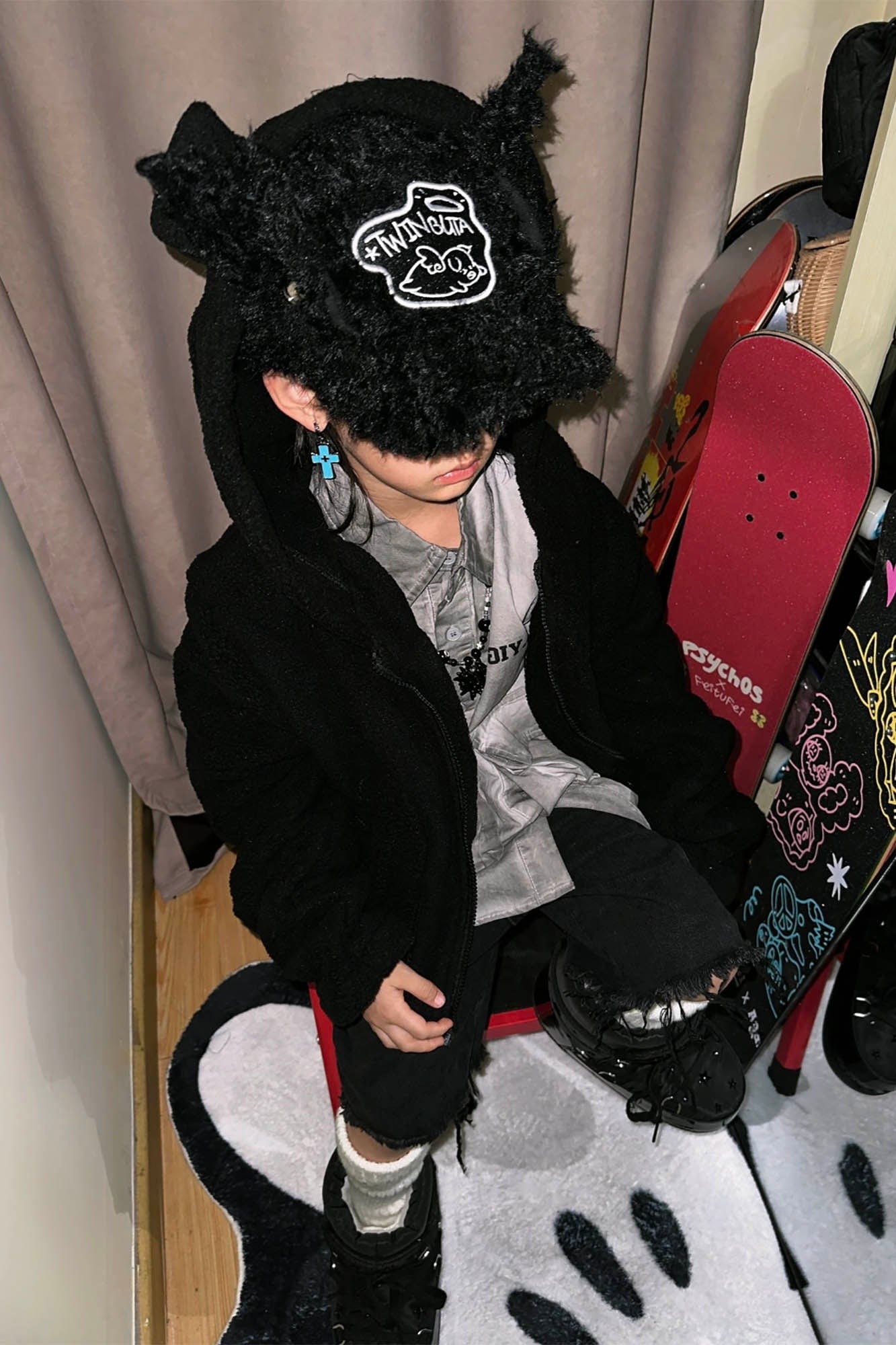 Furry Ear Embroidered Black Cap -  embroidered hat - Furry Ear Embroidered Black Cap for Unique Style - View 13