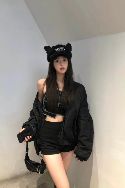 Furry Ear Embroidered Black Cap -  shearling cap - Furry Ear Embroidered Black Cap for Unique Style - View 7