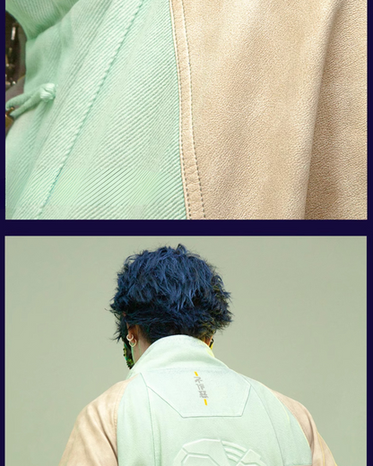 Futuristic 3D Patchwork Jacket -  concealed hood jacket - Cyan Techwear Jacket with Concealed Hood - View 15