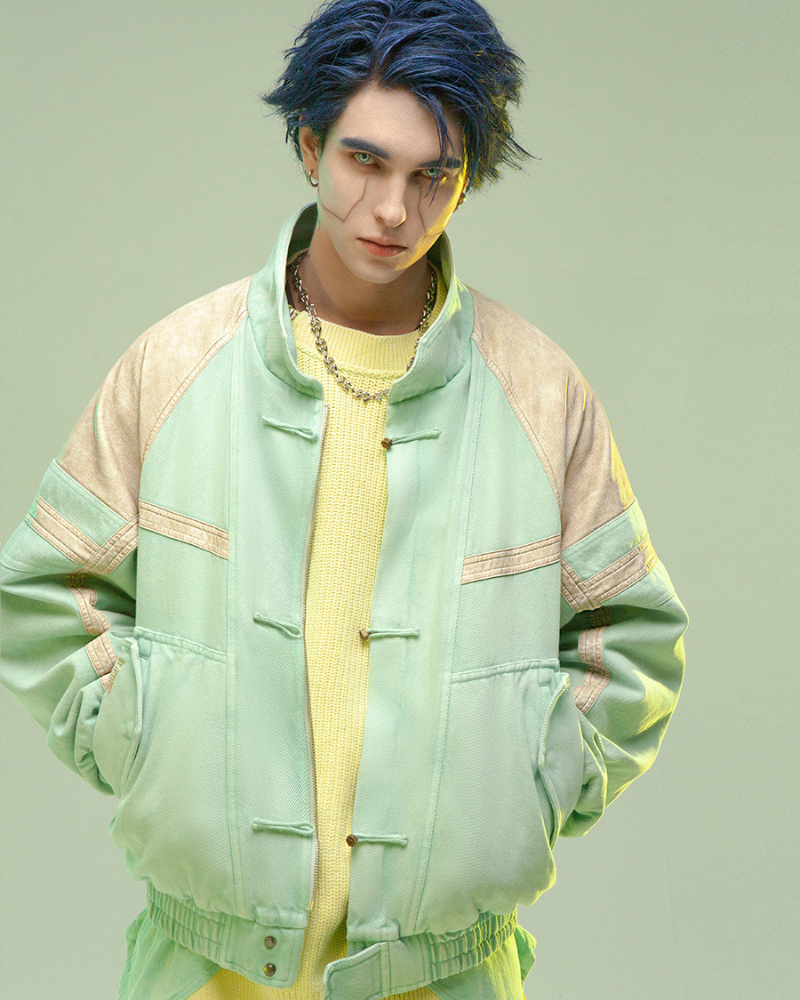 Futuristic 3D Patchwork Jacket -  concealed hood jacket - Cyan Techwear Jacket with Concealed Hood - View 3