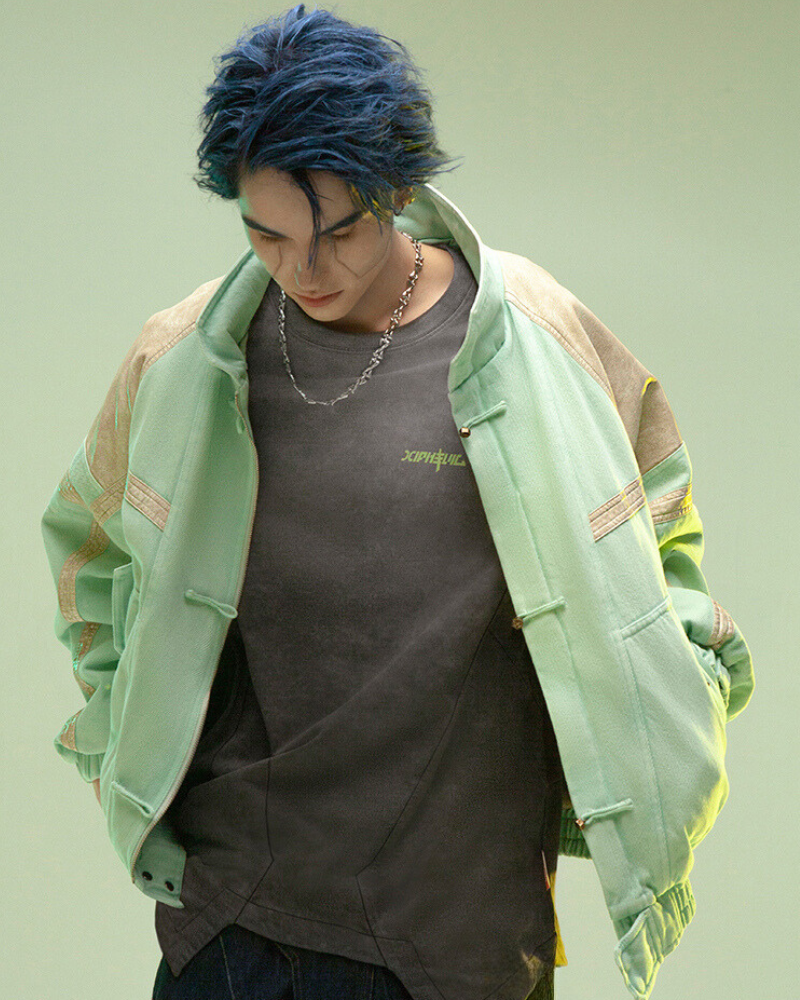 Futuristic 3D Patchwork Jacket -  concealed hood jacket - Cyan Techwear Jacket with Concealed Hood - View 9