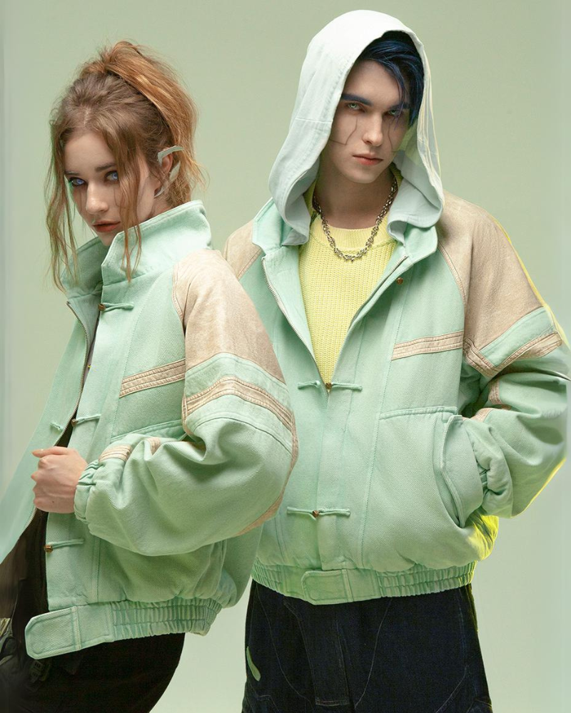 Futuristic 3D Patchwork Jacket - cyan techwear jacket - Cyan Techwear Jacket with Concealed Hood - Main view