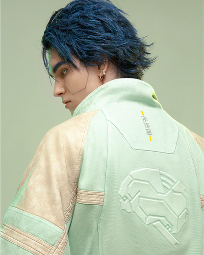 Futuristic 3D Patchwork Jacket - cyan techwear jacket - Cyan Techwear Jacket with Concealed Hood - View 13