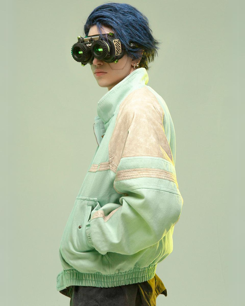 Futuristic 3D Patchwork Jacket - cyan techwear jacket - Cyan Techwear Jacket with Concealed Hood - View 7