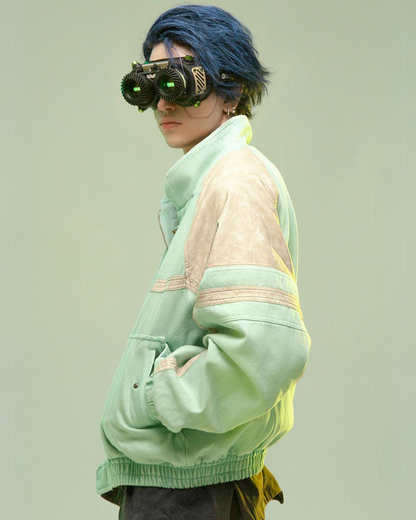Futuristic 3D Patchwork Jacket - cyan techwear jacket - Cyan Techwear Jacket with Concealed Hood - View 7