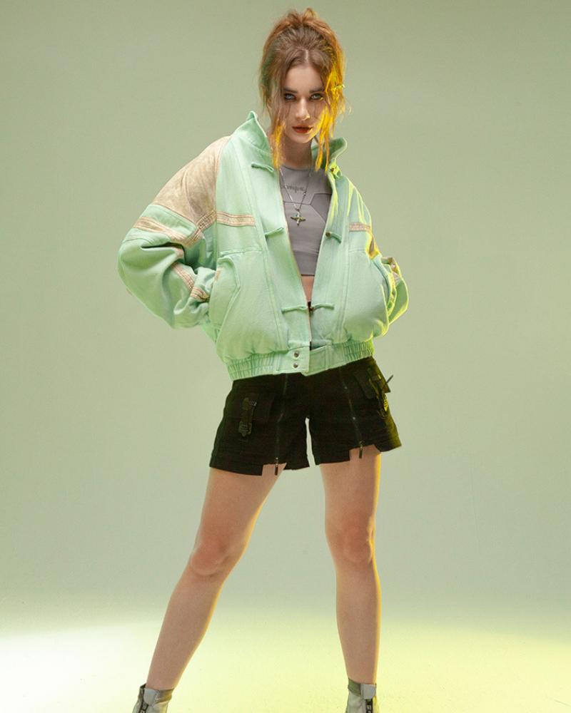 Futuristic 3D Patchwork Jacket -  denim leather patchwork - Cyan Techwear Jacket with Concealed Hood - View 10