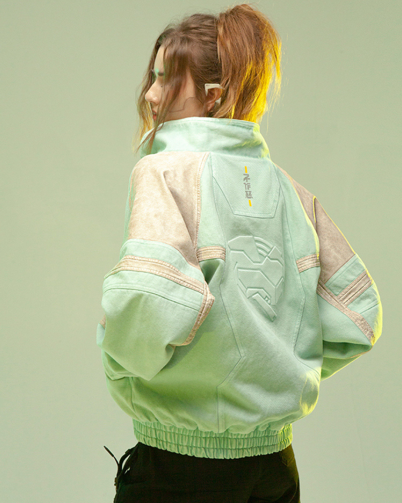 Futuristic 3D Patchwork Jacket -  denim leather patchwork - Cyan Techwear Jacket with Concealed Hood - View 4
