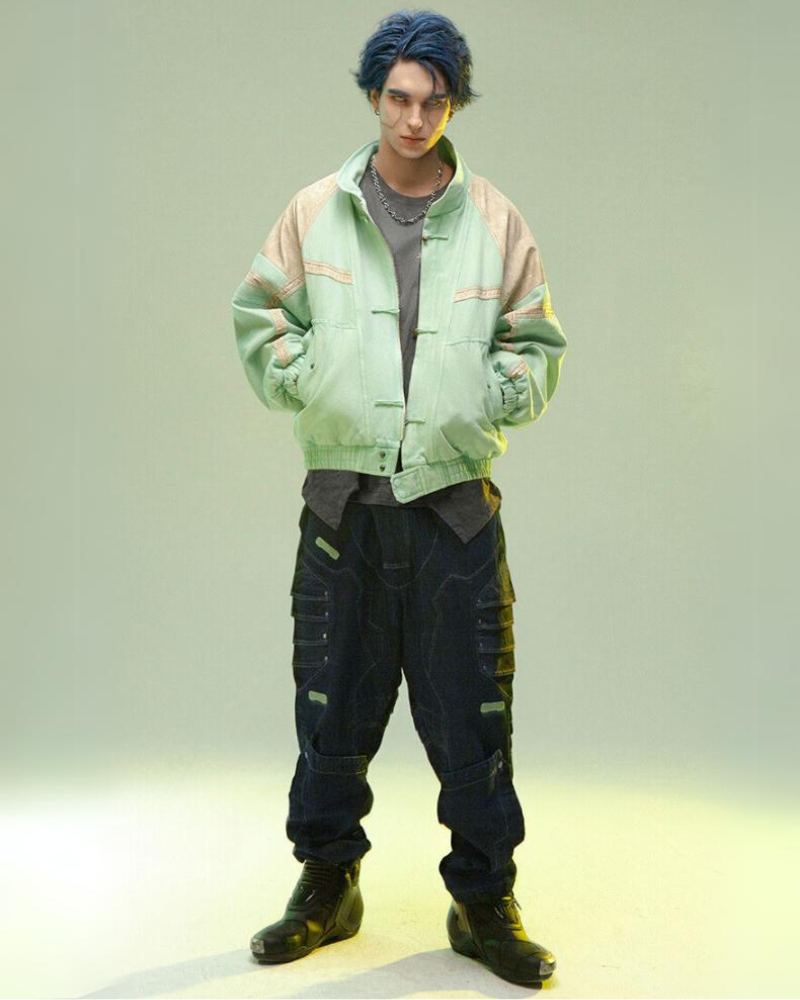 Futuristic 3D Patchwork Jacket -  futuristic jacket - Cyan Techwear Jacket with Concealed Hood - View 11