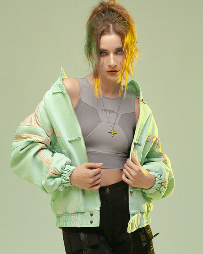 Futuristic 3D Patchwork Jacket -  futuristic jacket - Cyan Techwear Jacket with Concealed Hood - View 5