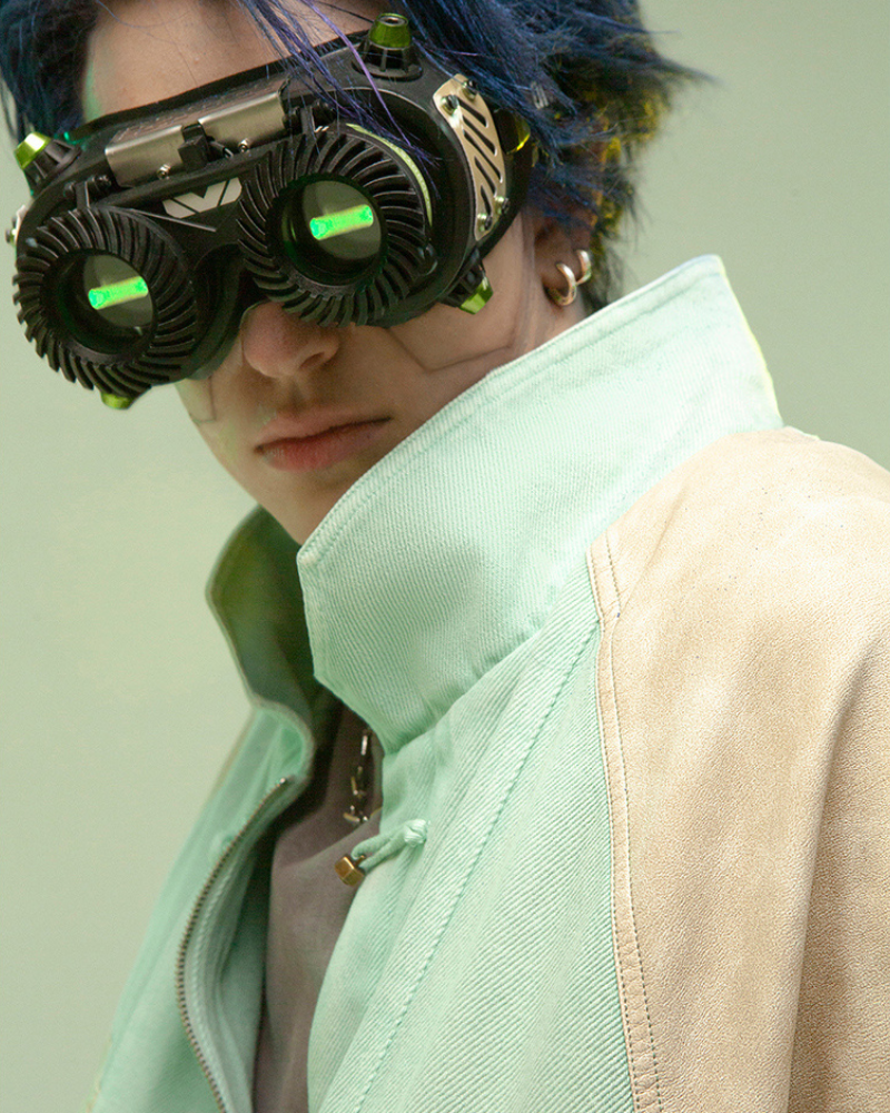 Futuristic 3D Patchwork Jacket -  patchwork design - Cyan Techwear Jacket with Concealed Hood - View 12