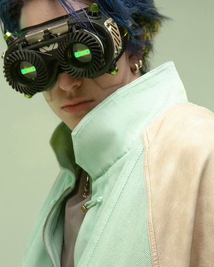 Futuristic 3D Patchwork Jacket -  patchwork design - Cyan Techwear Jacket with Concealed Hood - View 12