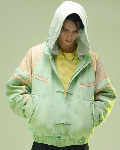 Futuristic 3D Patchwork Jacket -  patchwork design - Cyan Techwear Jacket with Concealed Hood - View 6