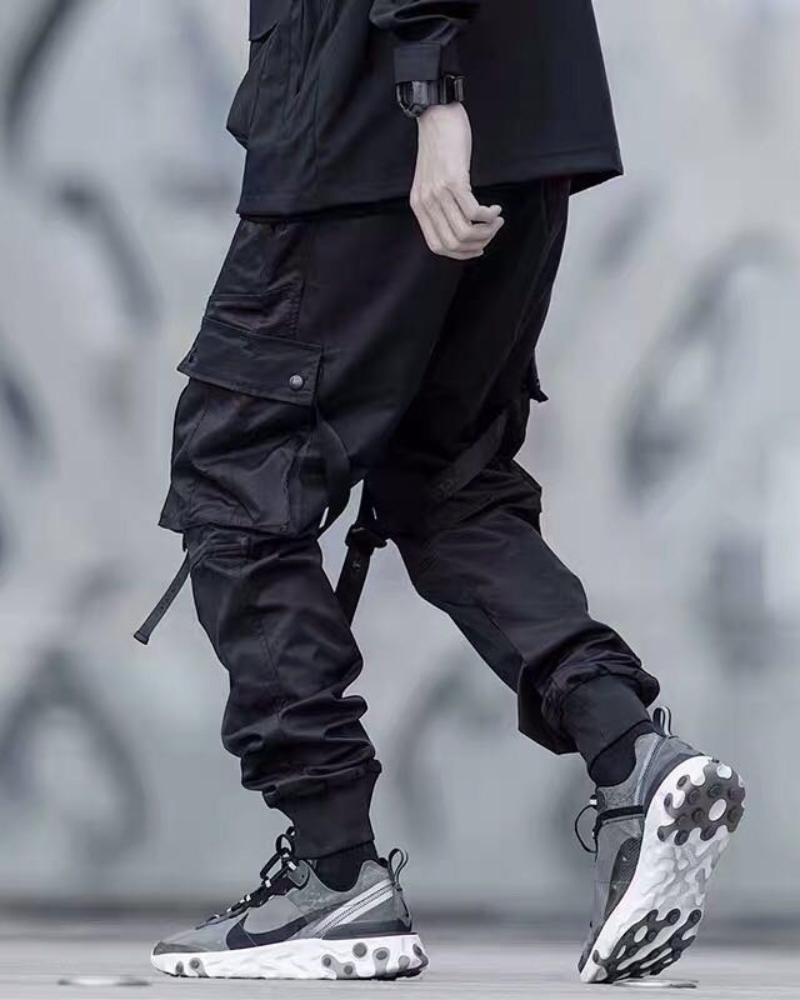 Futuristic Black Ribbon Cargo Pants -  black pants - Futuristic Black Ribbon Cargo Pants for Adventurers - View 3