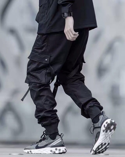 Futuristic Black Ribbon Cargo Pants -  black pants - Futuristic Black Ribbon Cargo Pants for Adventurers - View 3