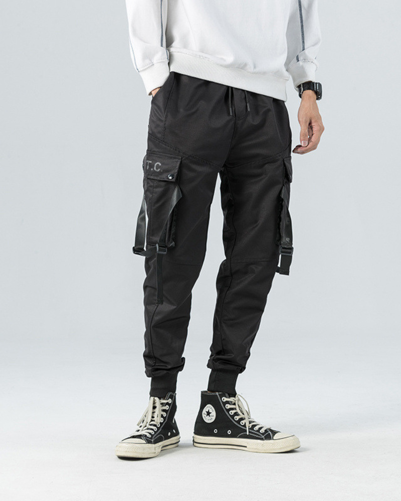 Futuristic Black Ribbon Cargo Pants - techwear pants - Futuristic Black Ribbon Cargo Pants for Adventurers - View 2