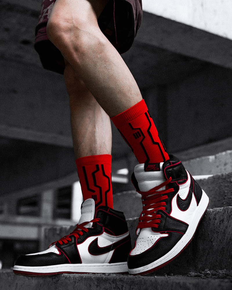 Futuristic Circuit Design Socks - breathable socks - Mid-calf Cyberpunk Circuit Design Socks in Neon Colors - View 9
