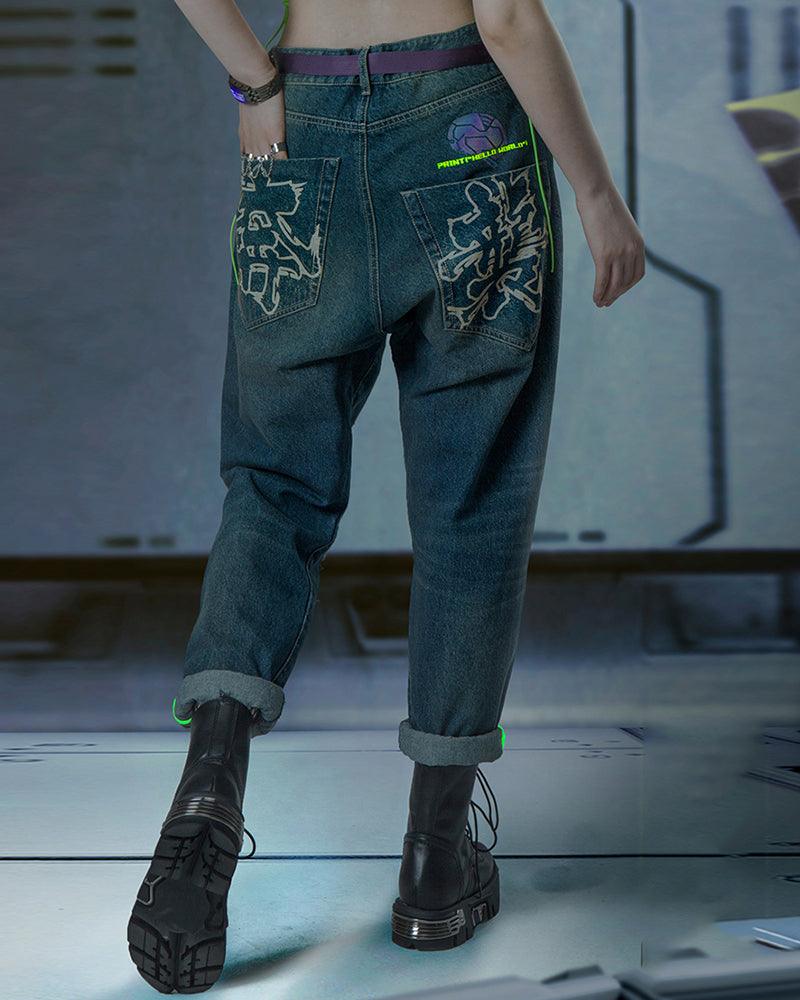 Futuristic Laser-Cut Denim Cargo -  cyberpunk fashion - Futuristic Laser-Cut Denim Cargo Pants for Stylish Comfort - View 12