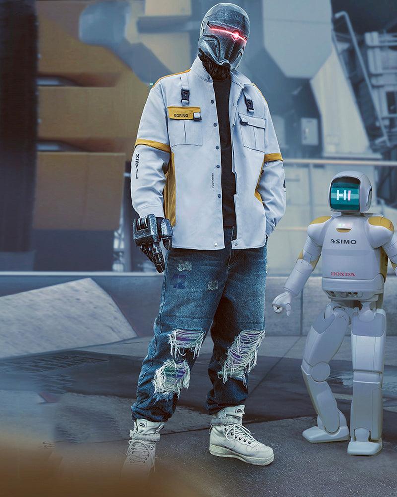 Futuristic Laser-Cut Denim Cargo -  cyberpunk fashion - Futuristic Laser-Cut Denim Cargo Pants for Stylish Comfort - View 4