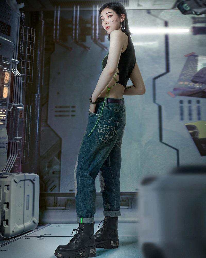 Futuristic Laser-Cut Denim Cargo -  streetwear - Futuristic Laser-Cut Denim Cargo Pants for Stylish Comfort - View 7