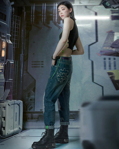Futuristic Laser-Cut Denim Cargo -  streetwear - Futuristic Laser-Cut Denim Cargo Pants for Stylish Comfort - View 7