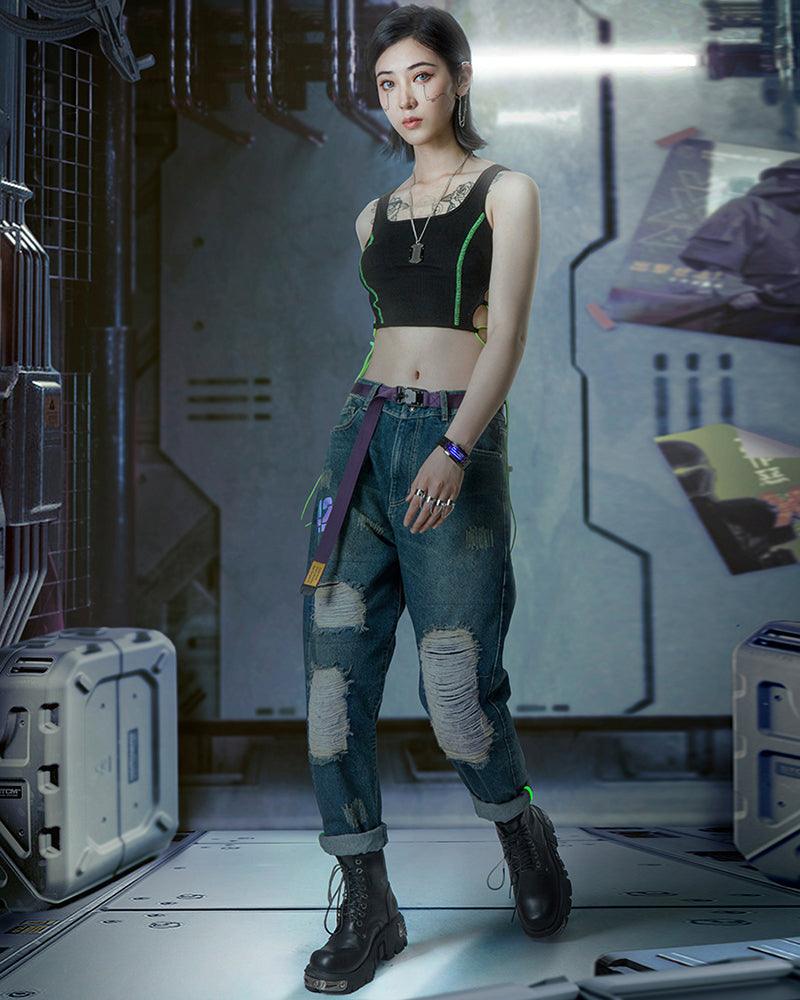 Futuristic Laser-Cut Denim Cargo - techwear apparel - Futuristic Laser-Cut Denim Cargo Pants for Stylish Comfort - View 10