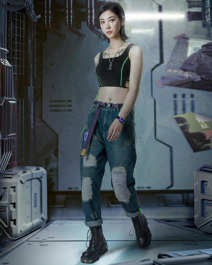 Futuristic Laser-Cut Denim Cargo - techwear apparel - Futuristic Laser-Cut Denim Cargo Pants for Stylish Comfort - View 10