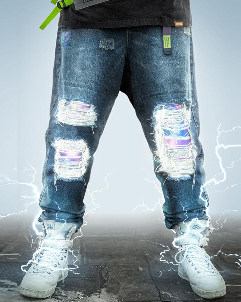 Futuristic Laser-Cut Denim Cargo - techwear apparel - Futuristic Laser-Cut Denim Cargo Pants for Stylish Comfort - View 2