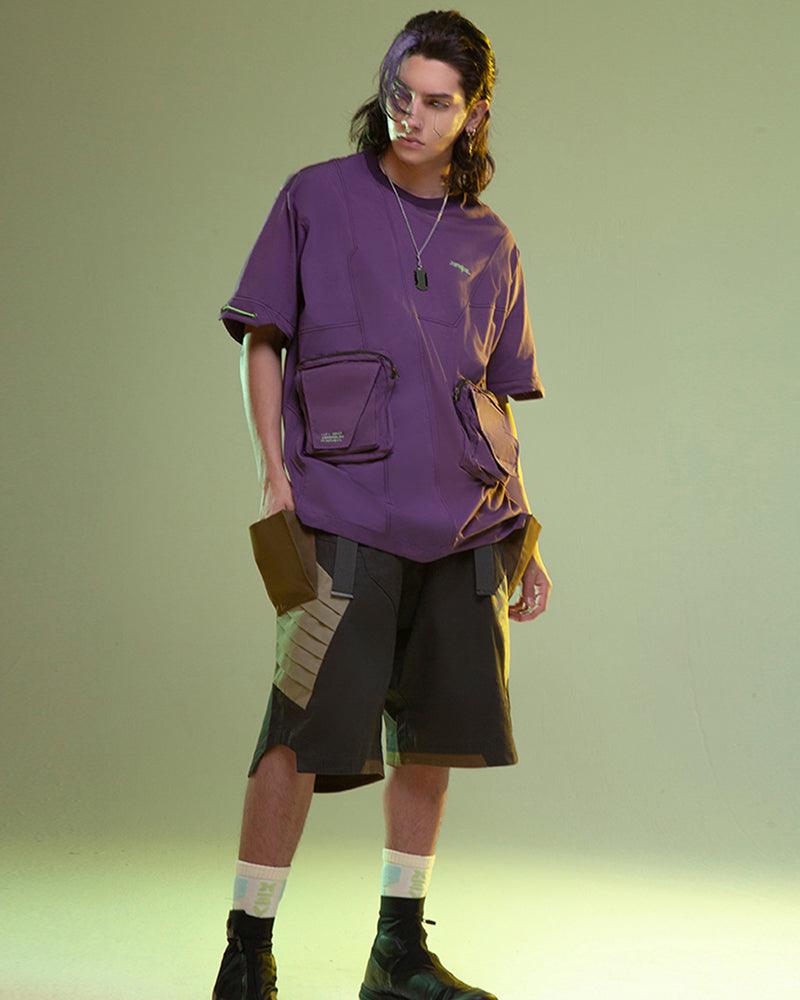 Futuristic Multi-Pocket Cyberpunk Tee -  cotton streetwear - Futuristic Multi-Pocket Cyberpunk Tee in Purple - View 4