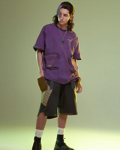 Futuristic Multi-Pocket Cyberpunk Tee -  cotton streetwear - Futuristic Multi-Pocket Cyberpunk Tee in Purple - View 4