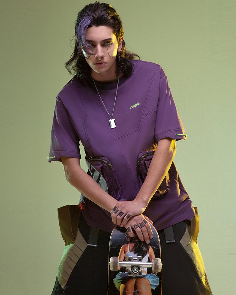Futuristic Multi-Pocket Cyberpunk Tee - urban techwear shirt - Futuristic Multi-Pocket Cyberpunk Tee in Purple - View 2