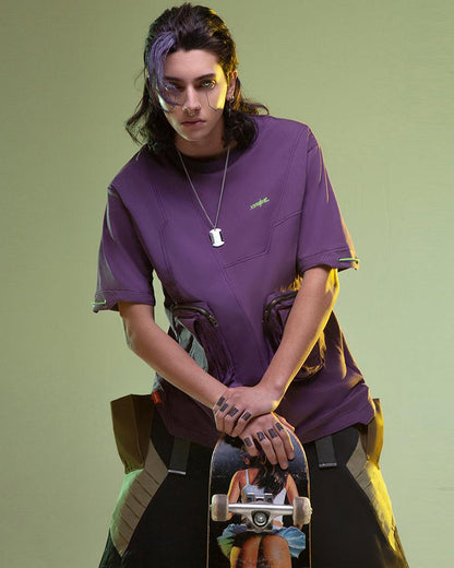 Futuristic Multi-Pocket Cyberpunk Tee - urban techwear shirt - Futuristic Multi-Pocket Cyberpunk Tee in Purple - View 2