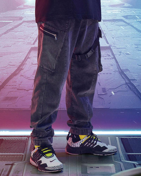 Futuristic Reflective Denim Cargo Pants - cargo pants - Futuristic Reflective Denim Cargo Pants for Techwear - Main view