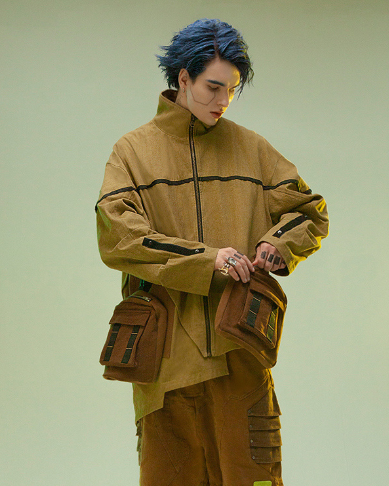 Futuristic Sandstone Asymmetrical Jacket -  brown jacket - Futuristic Sandstone Asymmetrical Jacket for Streetwear - View 4