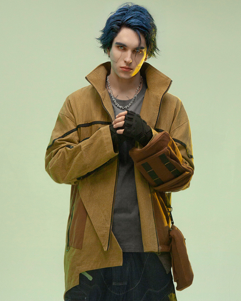 Futuristic Sandstone Asymmetrical Jacket - techwear jacket - Futuristic Sandstone Asymmetrical Jacket for Streetwear - View 2
