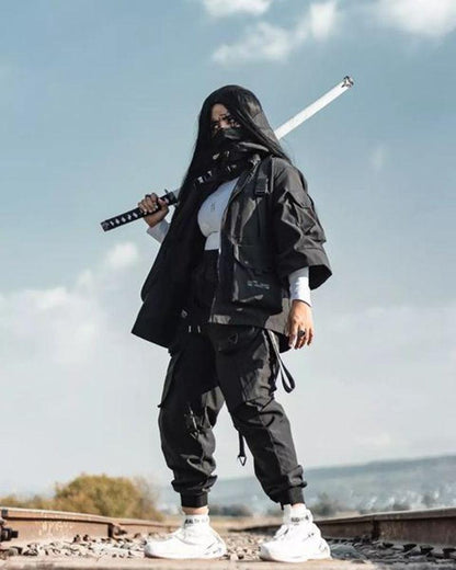 Futuristic Short Sleeve Hooded Jacket -  black - Futuristic Short Sleeve Hooded Jacket for Urban Style - View 3