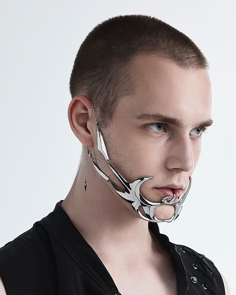 Futuristic Silver Lip Ring Mask -  face jewelry - Futuristic Silver Lip Ring Mask for Cyberpunk Style - View 5