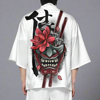 Ghostly White Haori -  demon print - Ghostly White Haori - Stylish Kimono Cardigan - View 4