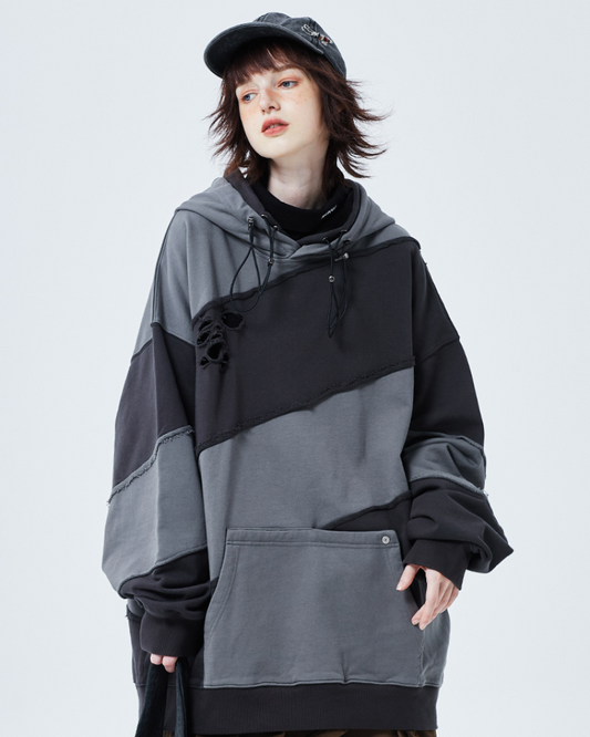 Layered Patchwork Unisex Hoodie - BEST SELLERS - Layered Patchwork Unisex Hoodie for Modern Streetwear - Main view