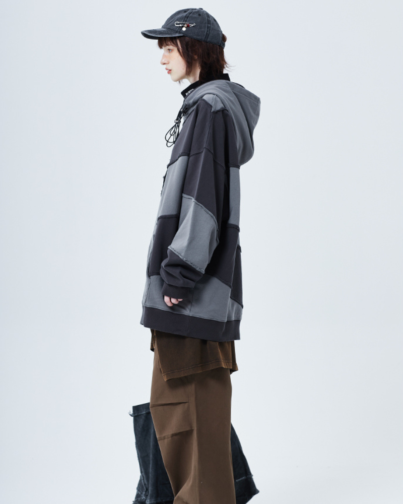 Layered Patchwork Unisex Hoodie -  layered - Layered Patchwork Unisex Hoodie for Modern Streetwear - View 5