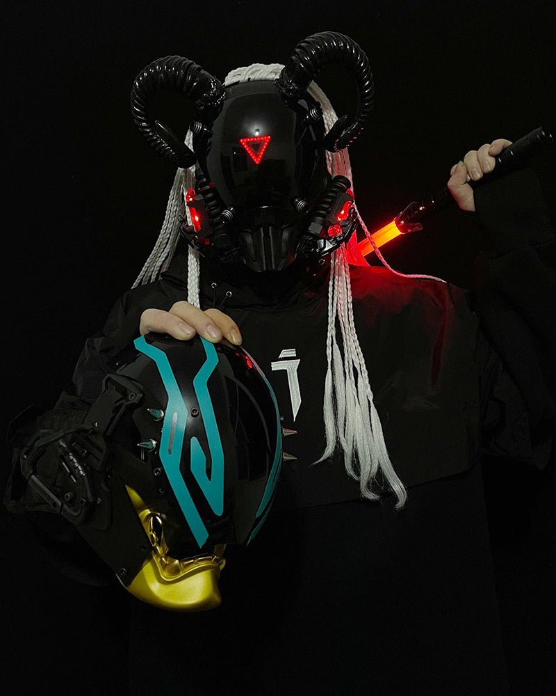 LED Cyberpunk Goat Horn Helmet -  futuristic helmet - LED Cyberpunk Goat Horn Helmet for Cosplay Events - View 4