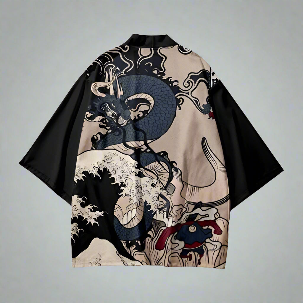 Majestic Dragon Kimono Elegance - ukiyo-e dragon print - Majestic Dragon Kimono Haori Jacket for Stylish Comfort - View 2