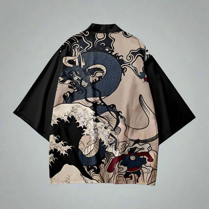 Majestic Dragon Kimono Elegance - ukiyo-e dragon print - Majestic Dragon Kimono Haori Jacket for Stylish Comfort - View 2
