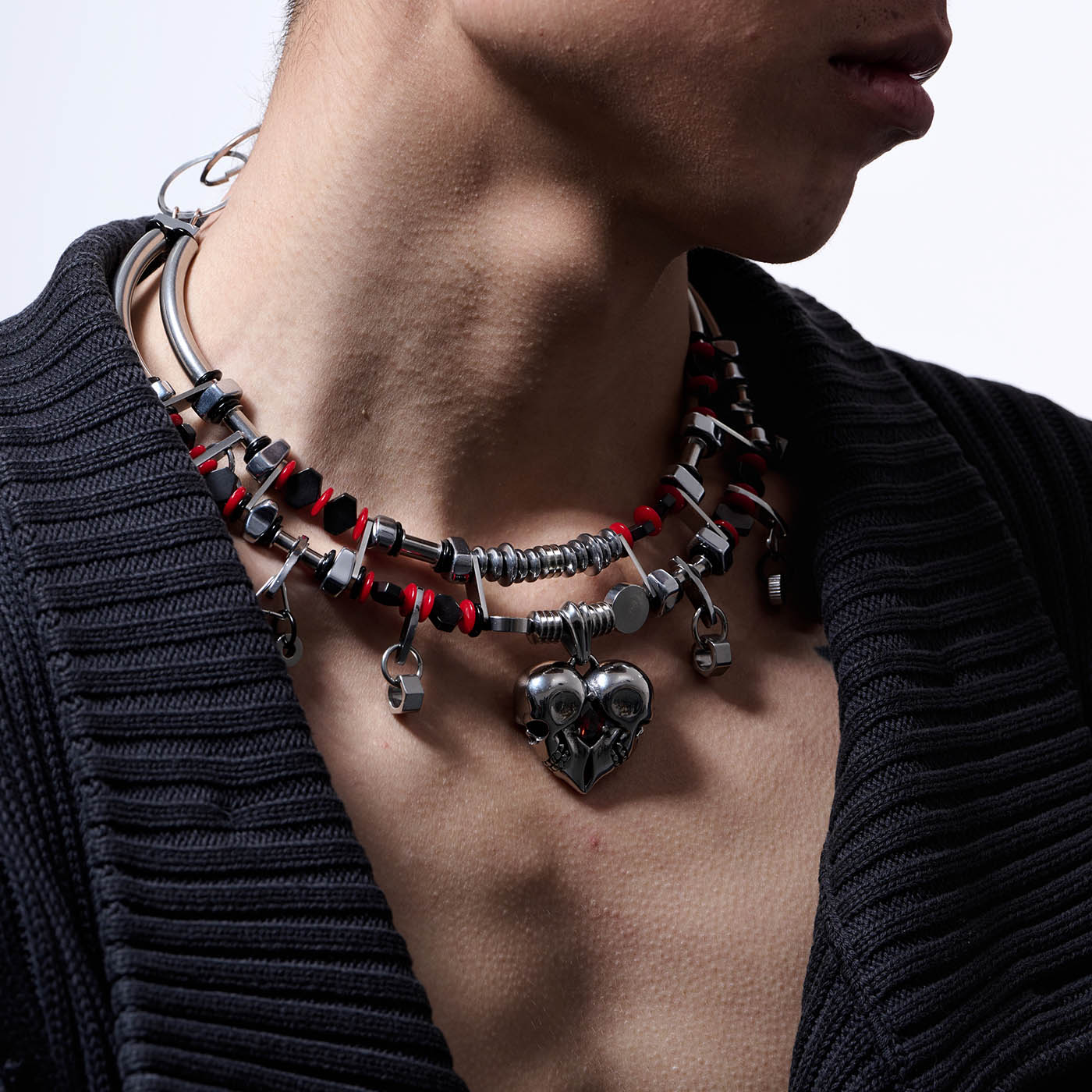 Mechanical Heart Beaded Necklace - beaded necklace - Double-Strand Beaded Necklace with Heart Detail - Main view