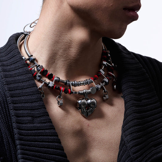 Mechanical Heart Beaded Necklace - beaded necklace - Double-Strand Beaded Necklace with Heart Detail - Main view