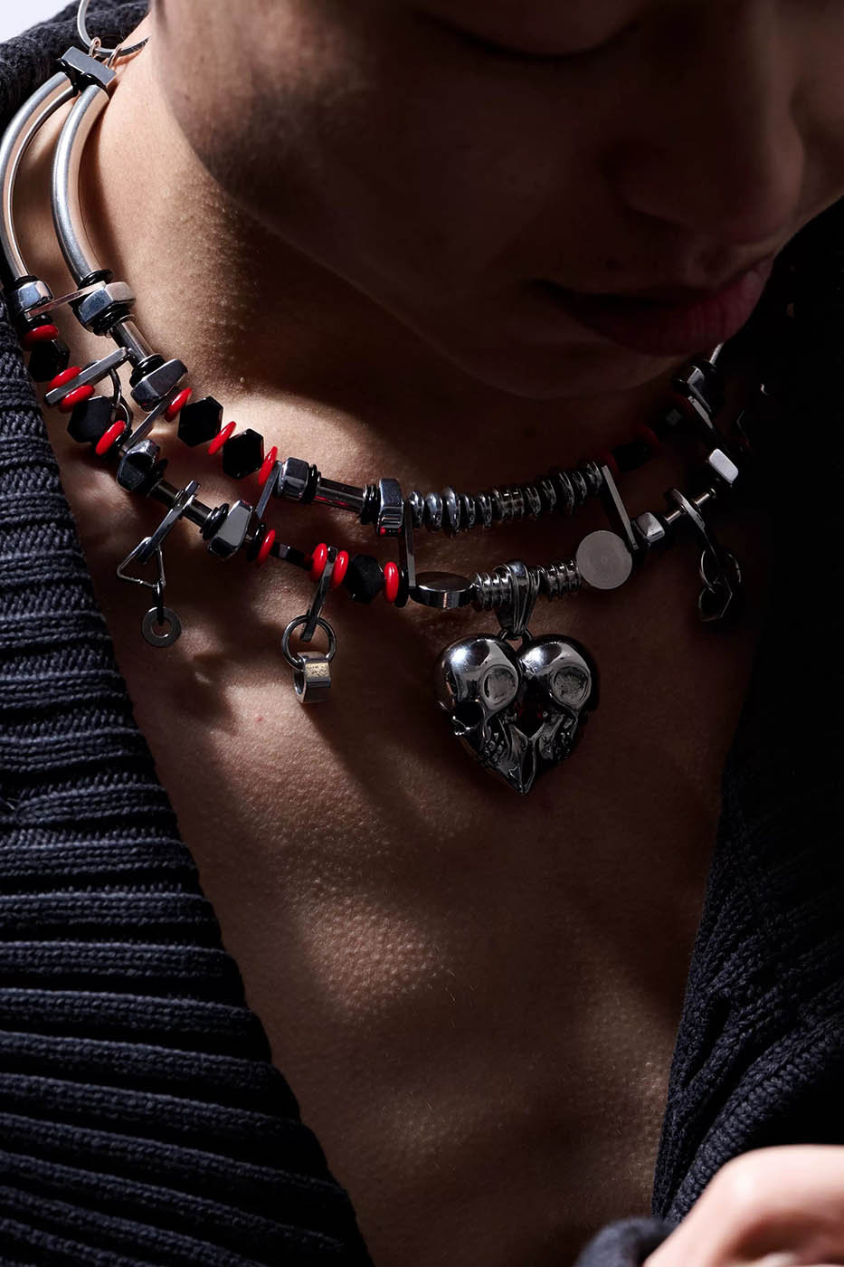 Mechanical Heart Beaded Necklace -  double-strand - Double-Strand Beaded Necklace with Heart Detail - View 3