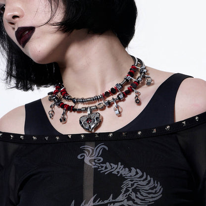 Mechanical Heart Beaded Necklace - gothic accessories - Double-Strand Beaded Necklace with Heart Detail - View 2